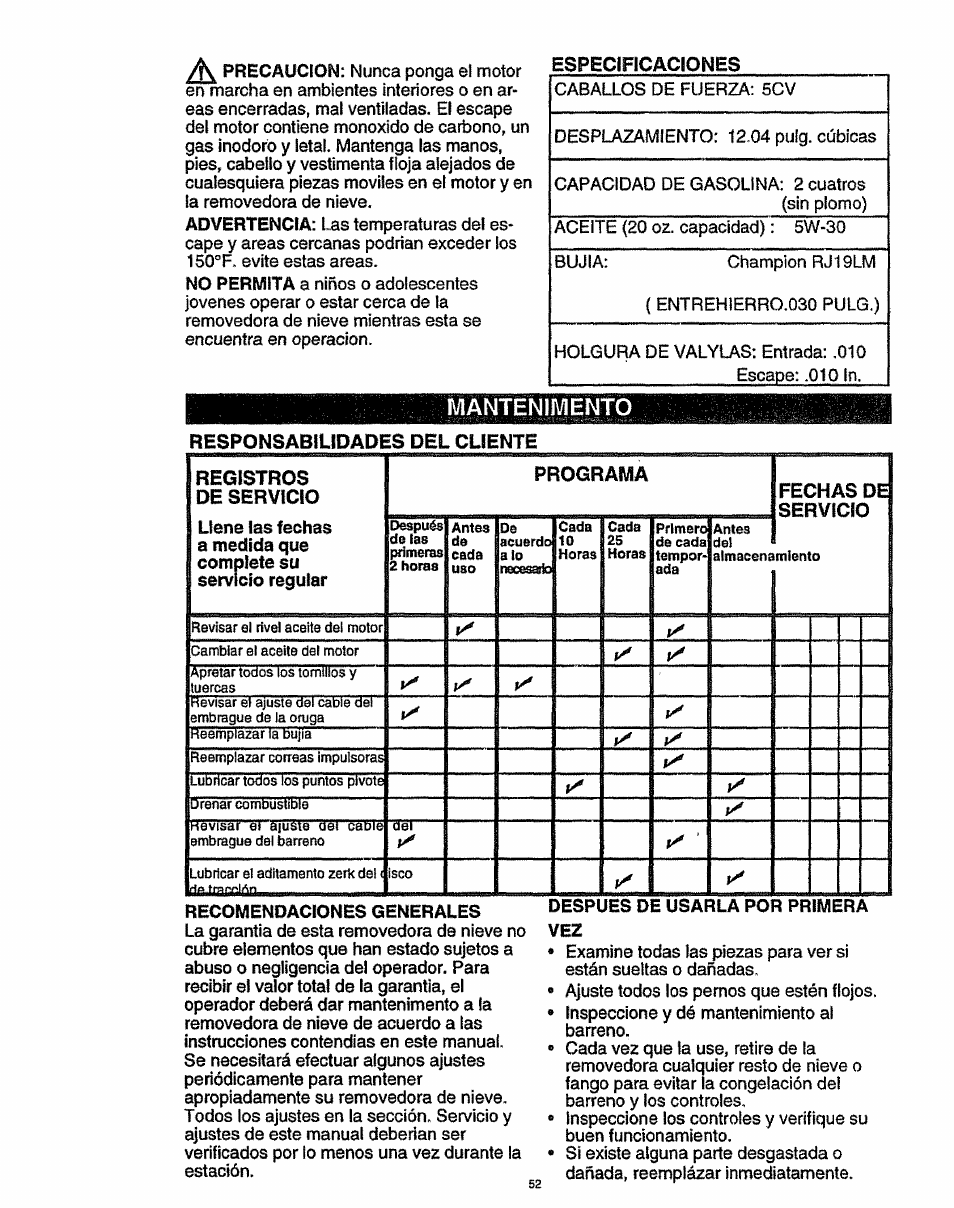 Especificaciones, Mantenimento, Responsabilidades del cliente | Responsabilidades del cliente registros | Craftsman 536.886141 User Manual | Page 52 / 63