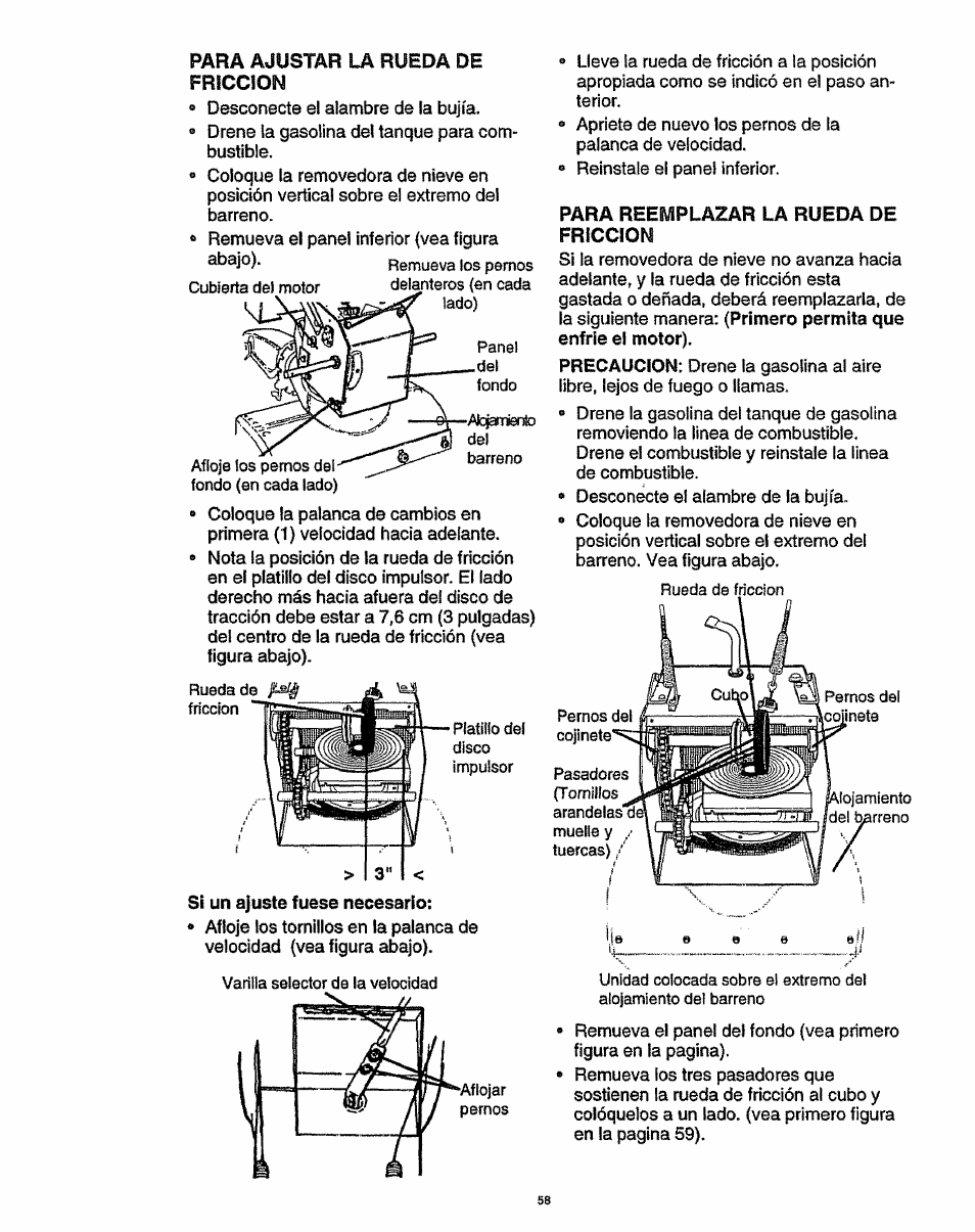 Para ajustar la rueda de friccion, Para reemplazar la rueda de friccion | Craftsman 536.886141 User Manual | Page 58 / 63