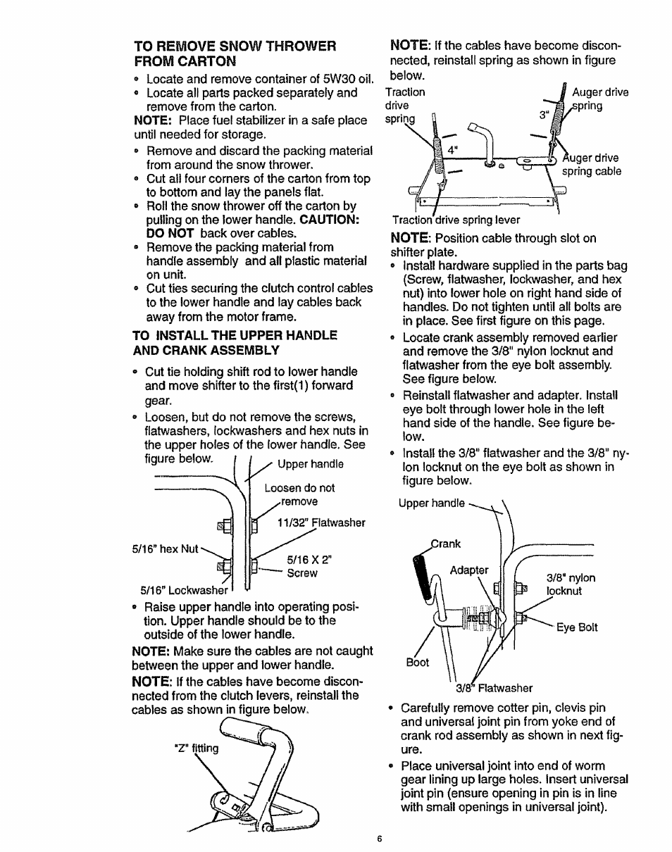 To remove snow thrower, From carton, To installthe upper handle | And crank assembly, Spring 1 | Craftsman 536.886141 User Manual | Page 6 / 63