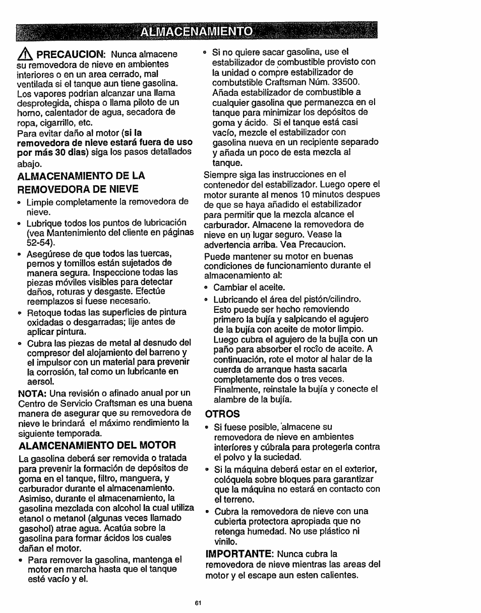 Almacenamiento | Craftsman 536.886141 User Manual | Page 61 / 63