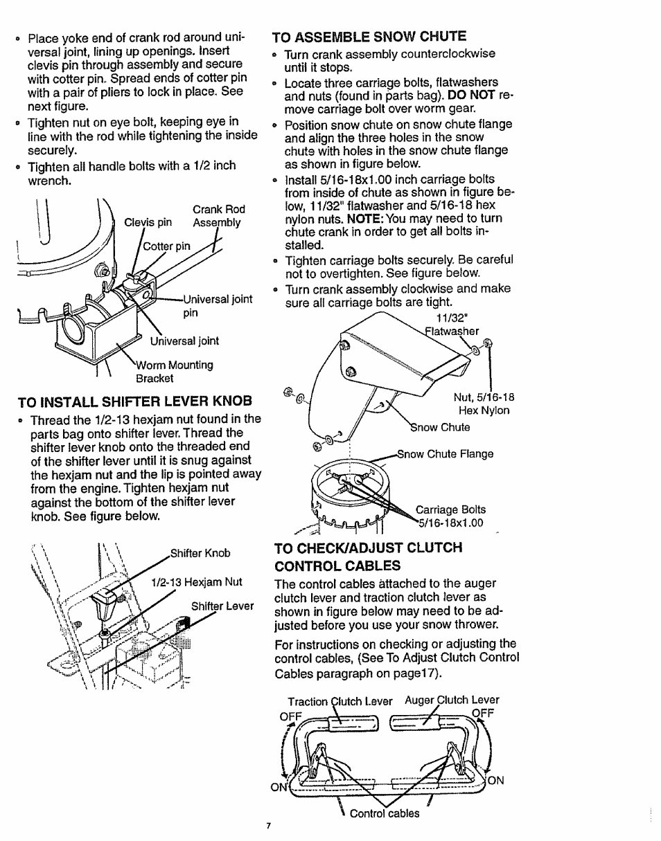 To assemble snow chute, To install shifter lever knob, To check/adjust clutch control cables | Craftsman 536.886141 User Manual | Page 7 / 63