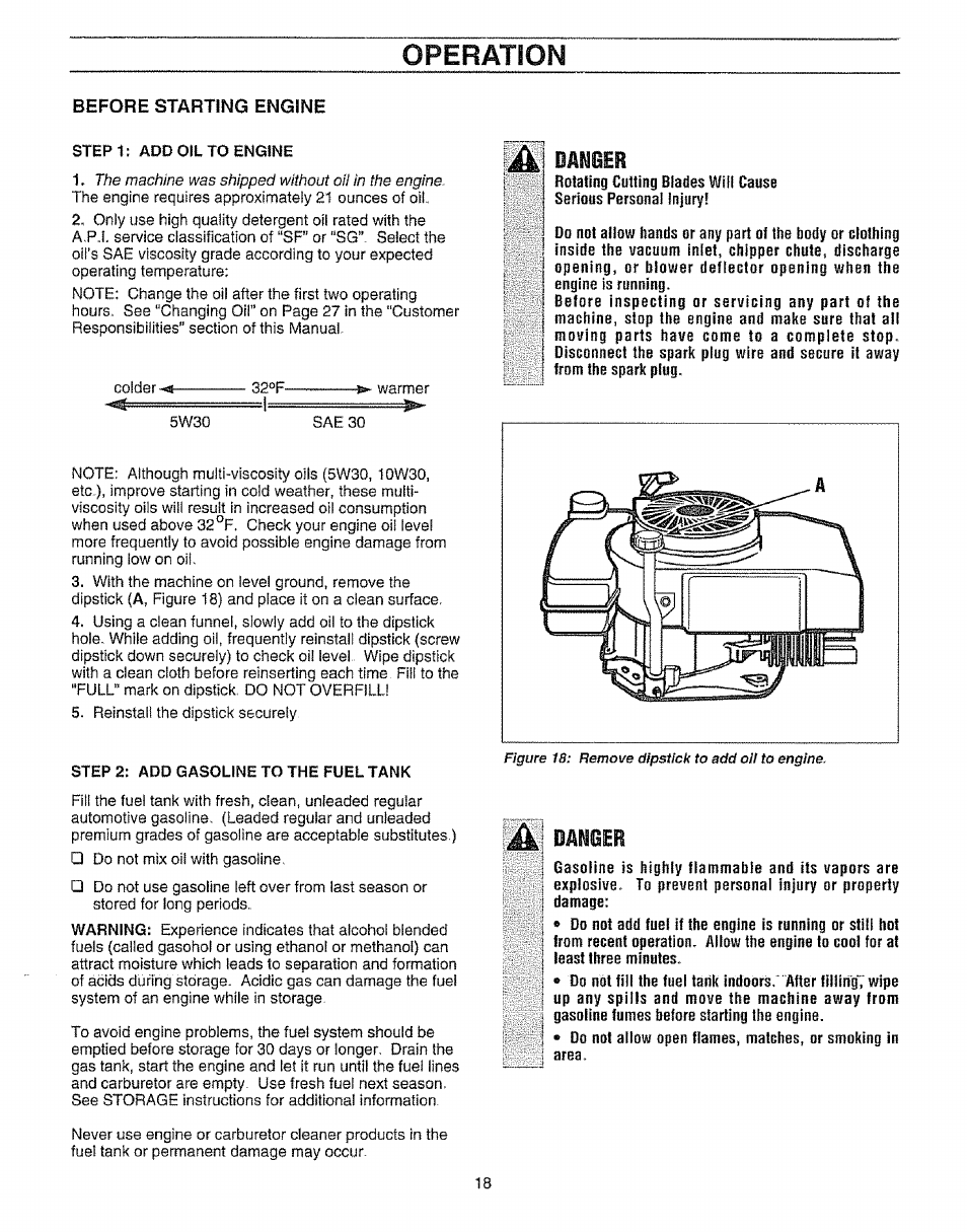 Before starting engine, A danger, Operation | Craftsman 987.799601 User Manual | Page 18 / 44