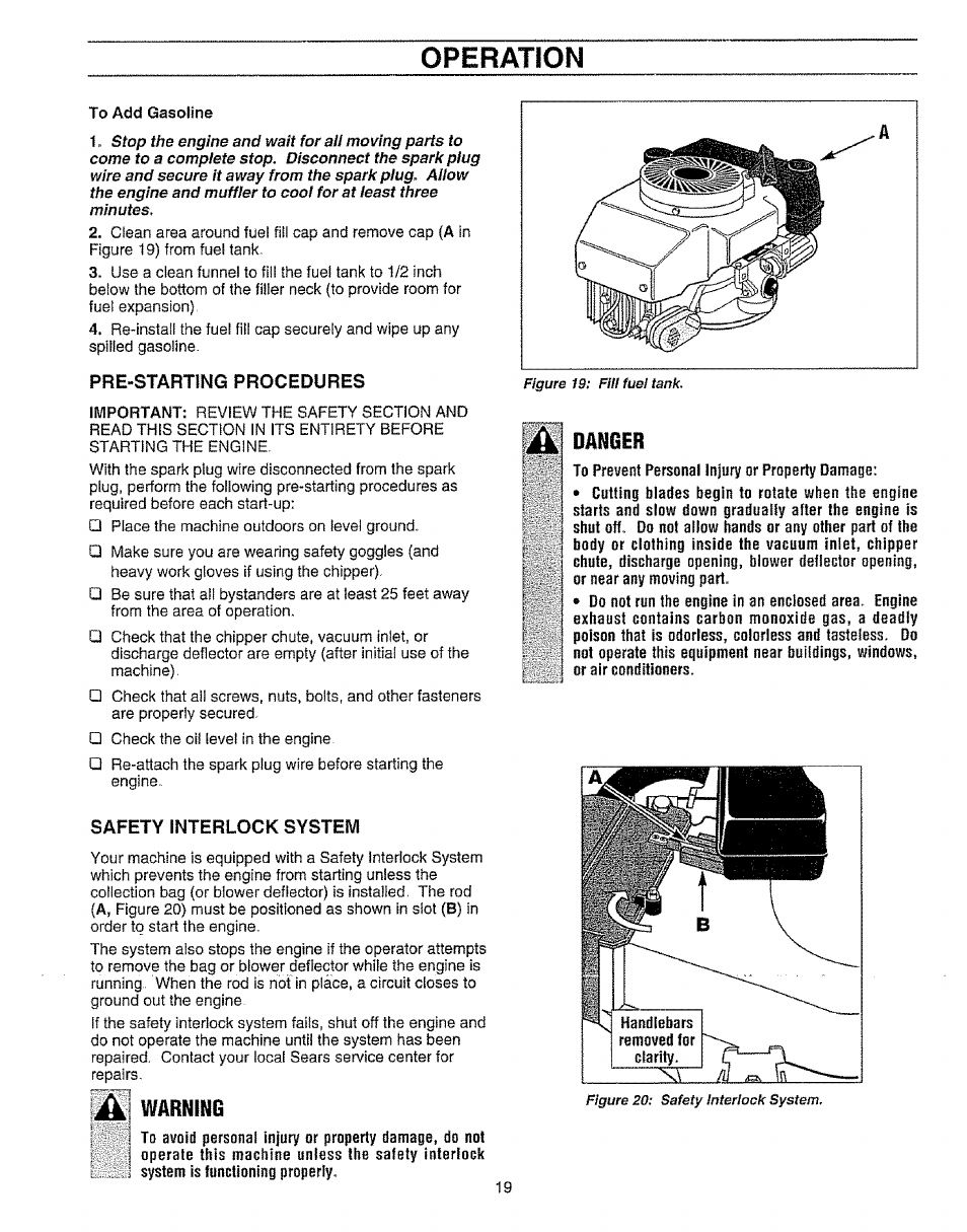 Pre-starting procedures, Safety interlock system, Warning | Danger, Operation | Craftsman 987.799601 User Manual | Page 19 / 44