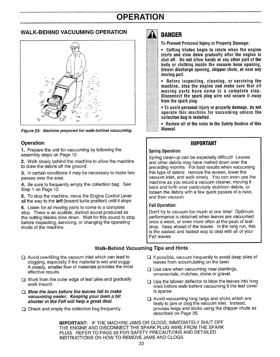 Walk-behind vacuuming operation, Operation | Craftsman 987.799601 User Manual | Page 22 / 44