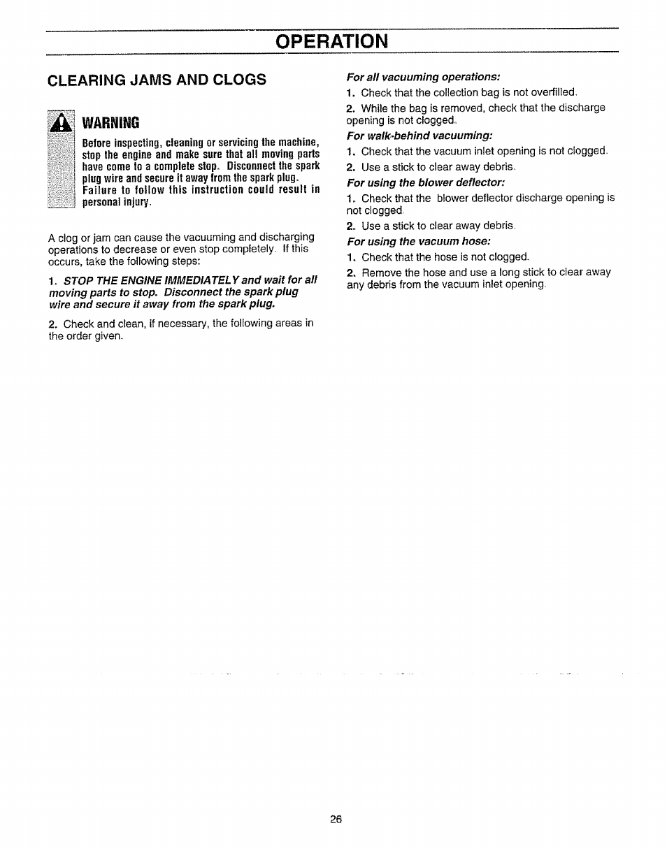 Clearing jams and clogs, Mm\m, Operation | Craftsman 987.799601 User Manual | Page 26 / 44