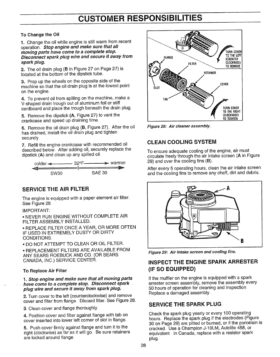 Customer responsibilities, Service the air filter, Clean cooling system | Inspect the engine spark arrester (if so equipped), Service the spark plug | Craftsman 987.799601 User Manual | Page 28 / 44