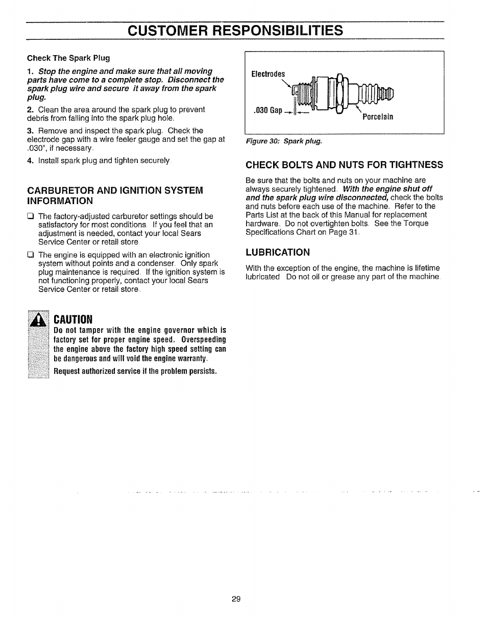 Carburetor and ignition system, Information, Check bolts and nuts for tightness | Caution, Customer responsibilities, Carburetor and ignition system information | Craftsman 987.799601 User Manual | Page 29 / 44