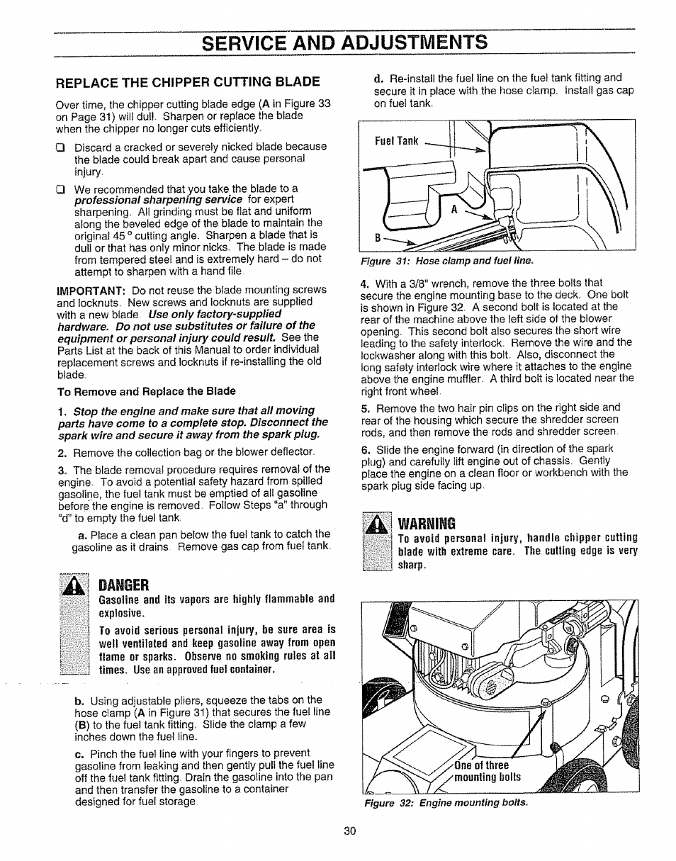 Service and adjustments, Replace the chtpper cutting blade, Danger | Warning | Craftsman 987.799601 User Manual | Page 30 / 44