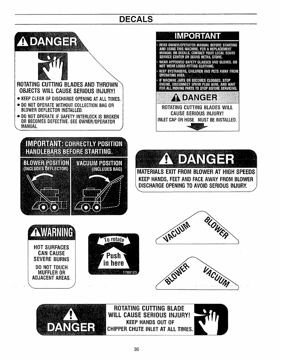 Important, Rotating cutting blade will cause serious injury, A danger | Earning, Fwlportänt, Danger | Craftsman 987.799601 User Manual | Page 35 / 44