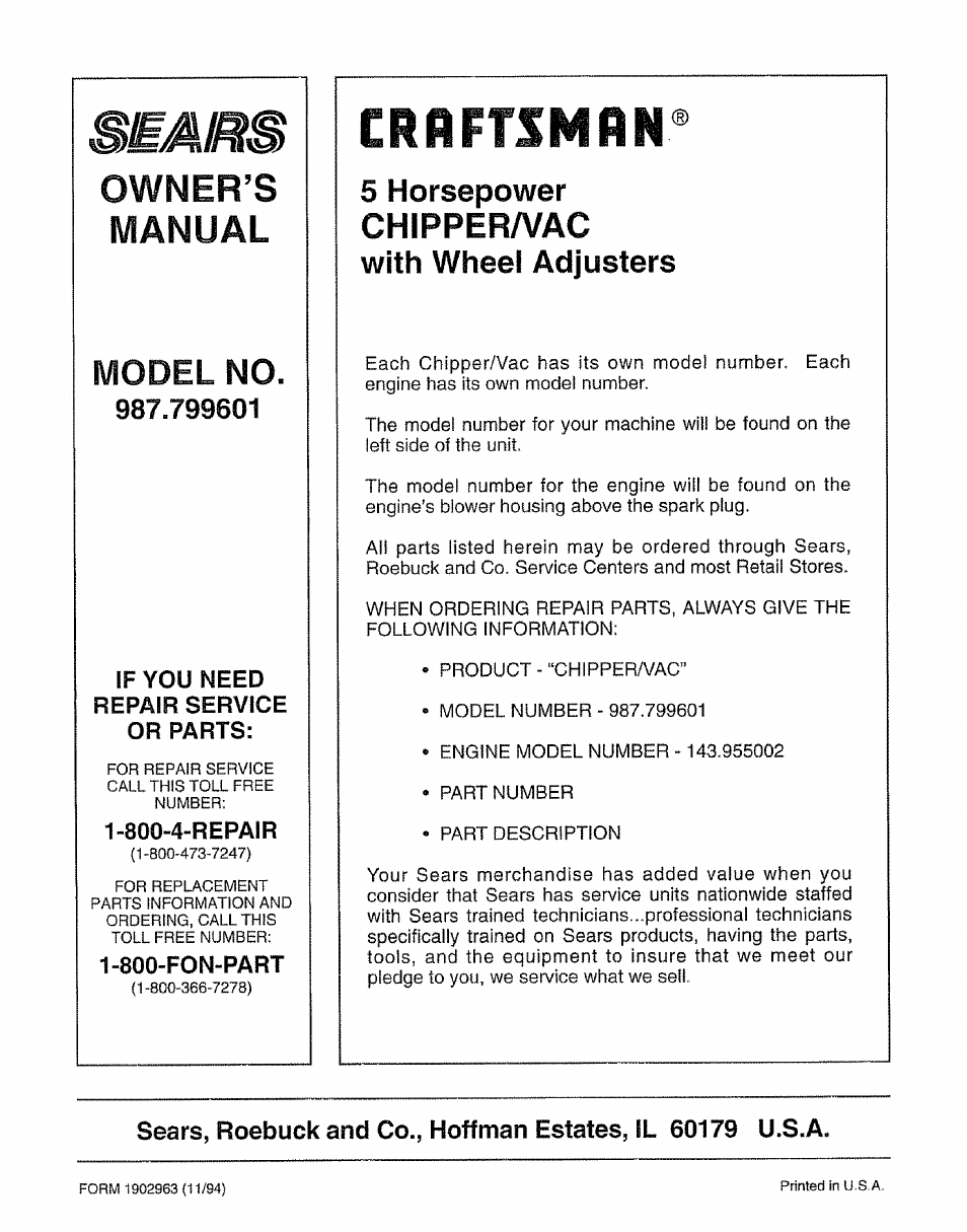 Crrftsmrn, 5 horsepower chippera/ac with wheel adjusters, Owner’s manual | Model no, Chippera/ac, With wheel adjusters | Craftsman 987.799601 User Manual | Page 44 / 44