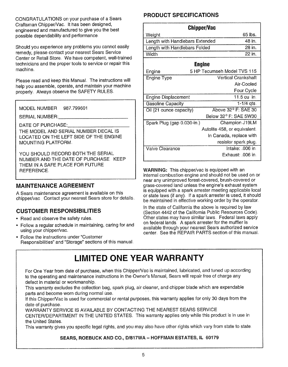 Maintenance agreement, Customer responsibilities, Product specifications | Limited one year warranty | Craftsman 987.799601 User Manual | Page 5 / 44