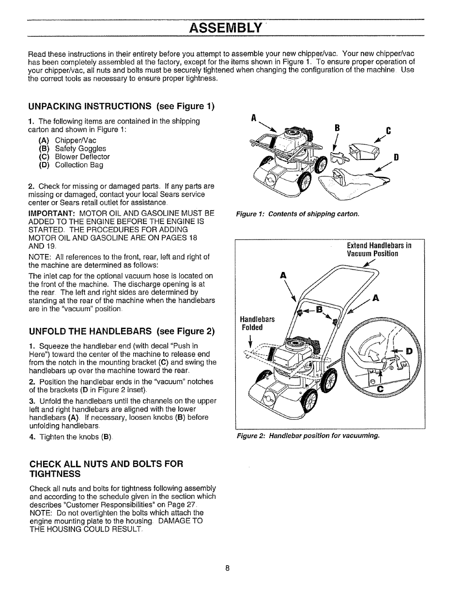 Unpacking instructions (see figure 1), Unfold the handlebars (see figure 2), Check all nuts and bolts for tightness | Assembly | Craftsman 987.799601 User Manual | Page 8 / 44