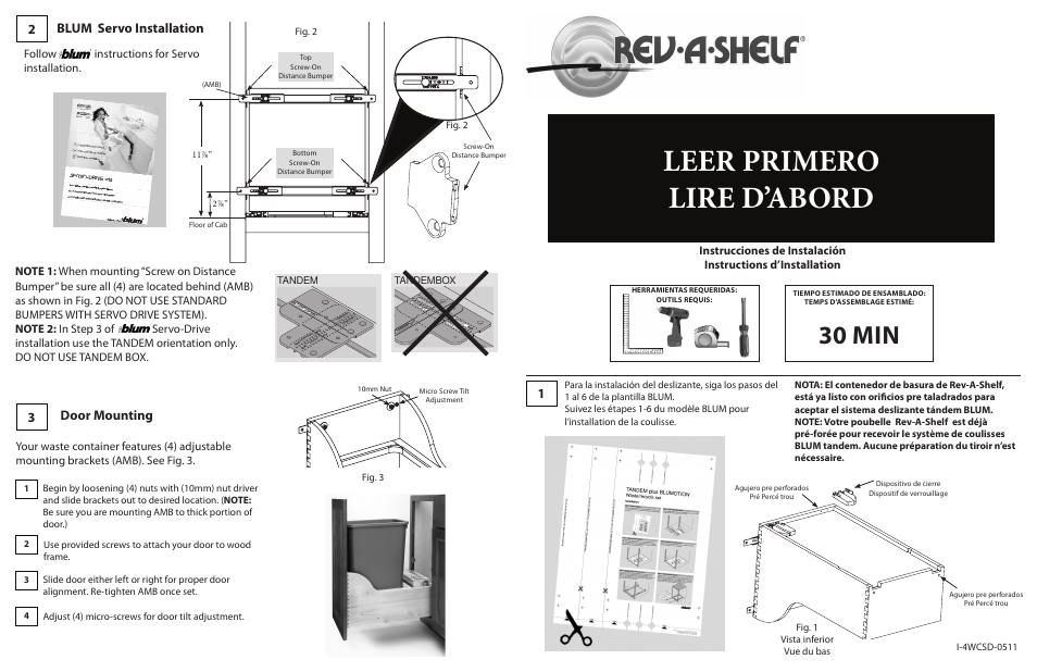 Leer primero lire d’abord, 30 min, 23 door mounting | Blum servo installation, Fig. 3, Tandem tandembox, Fig. 2, Fig. 1 vista inferior vue du bas | Rev-A-Shelf TWCSD-Series User Manual | Page 2 / 2