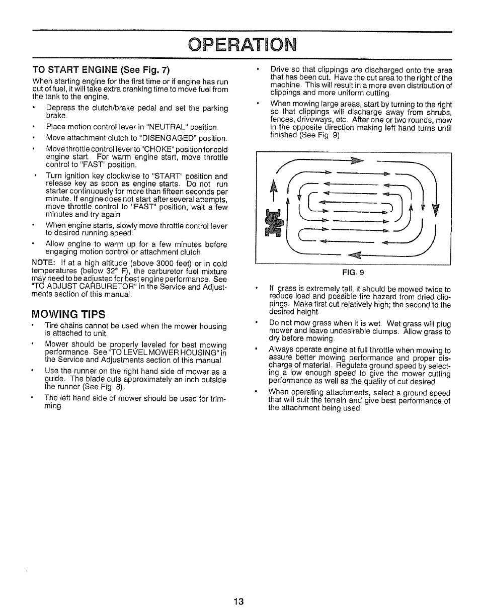 To start engine (see fig. 7), Mowing tips, Operation | Craftsman 917.257360 User Manual | Page 13 / 52