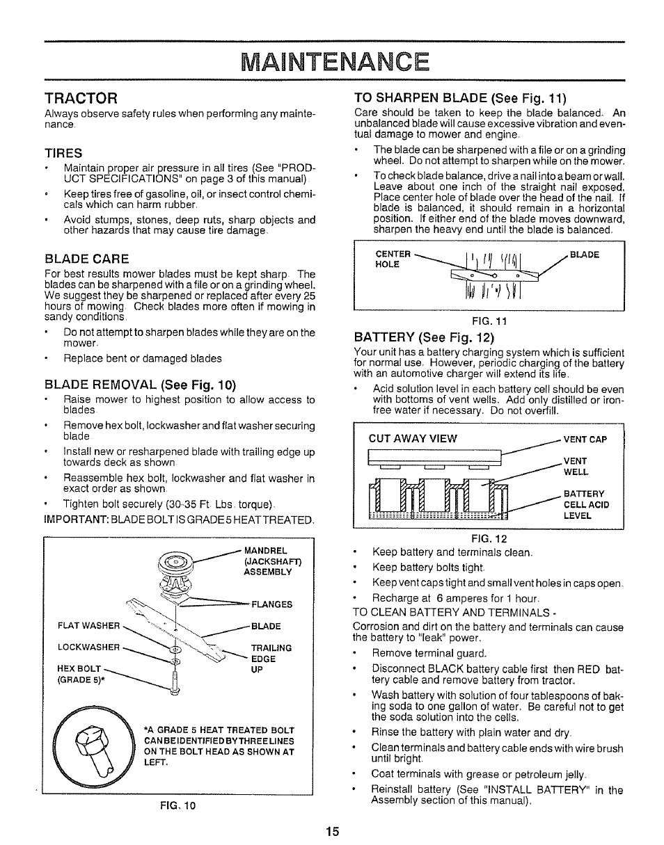 Tires, Blade care, Blade removal (see fig. 10) | To sharpen blade (see fig. 11), Battery (see fig. 12), Maintenance, Tractor | Craftsman 917.257360 User Manual | Page 15 / 52