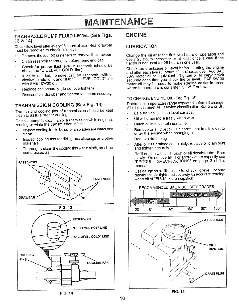 Maintenance, Transaxle pump fluid level (see figs. 13 & 14), Transmission cooling (see fig, 14) | Engine, Lubrication | Craftsman 917.257360 User Manual | Page 16 / 52