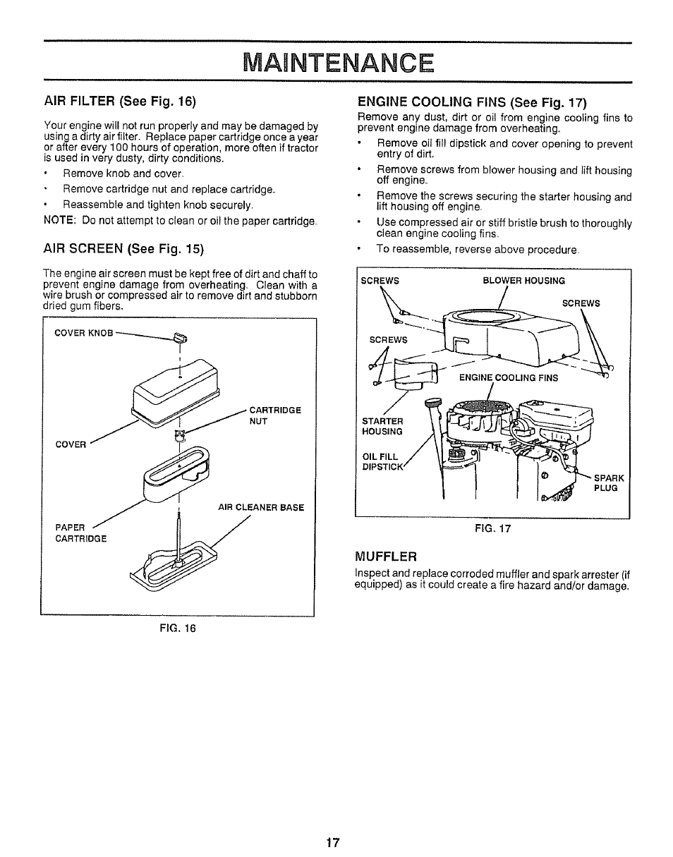 Air filter (see fig. 16), Air screen (see fig. 15), Engine cooling fins (see fig. 17) | Muffler, Maintenance | Craftsman 917.257360 User Manual | Page 17 / 52