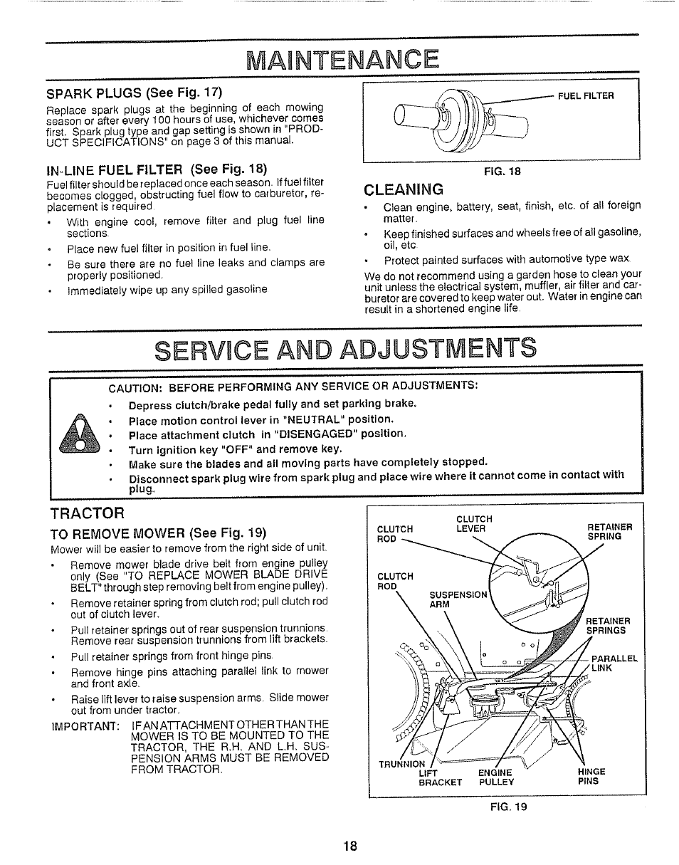 Maintenance, Spark plugs (see fig. 17), In-line fuel filter (see fig. 18) | Cleaning, Service and adjustments, Tractor, To remove mower (see fig. 19), Service and adjustments -25 | Craftsman 917.257360 User Manual | Page 18 / 52