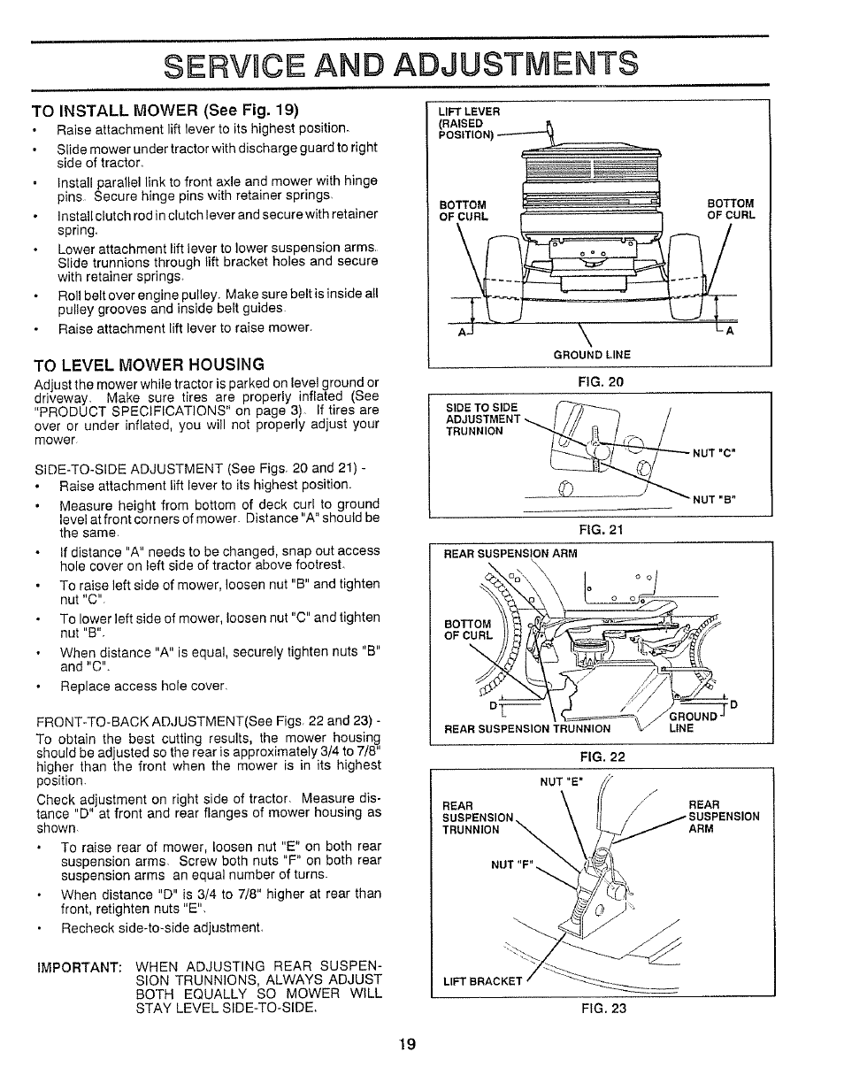 To install mower (see fig. 19), To level mower housing, Service and adjustments | Craftsman 917.257360 User Manual | Page 19 / 52