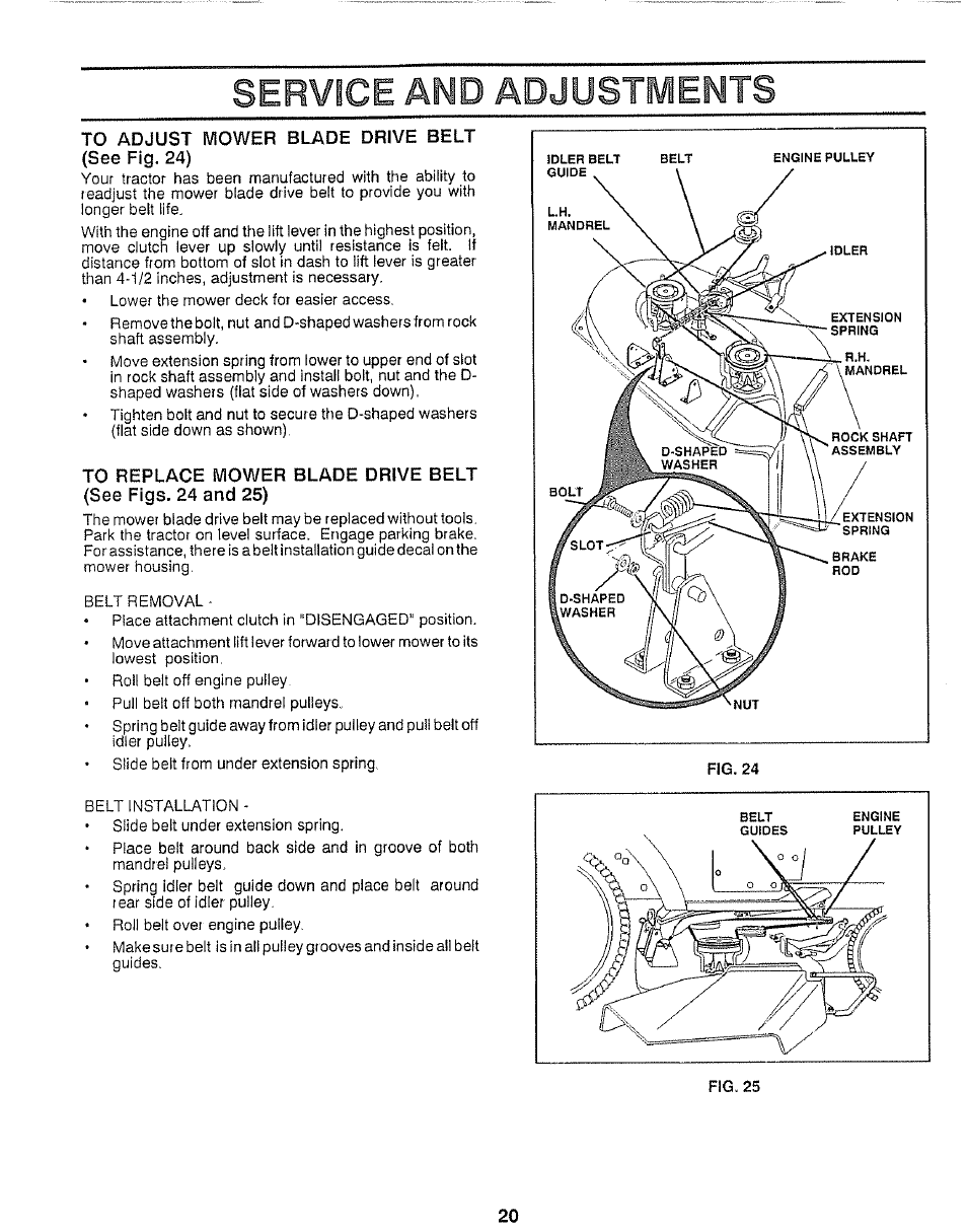 Service and adjustments, To adjust mower blade drive belt (see fig. 24), Service and adjustments -25 | Craftsman 917.257360 User Manual | Page 20 / 52