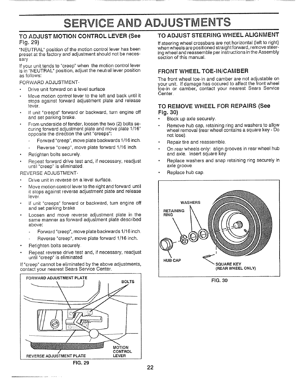 Service and adjustments, To adjust motion control lever (see, To adjust steering wheel alignment | Front wheel toe-in/camber, To remove wheel for repairs (see fig. 30) | Craftsman 917.257360 User Manual | Page 22 / 52