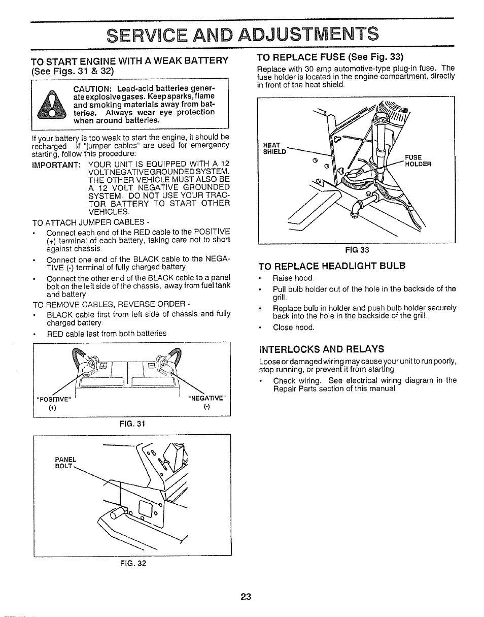 To replace fuse (see fig. 33), To replace headlight bulb, Interlocks and relays | Service and adjustments | Craftsman 917.257360 User Manual | Page 23 / 52