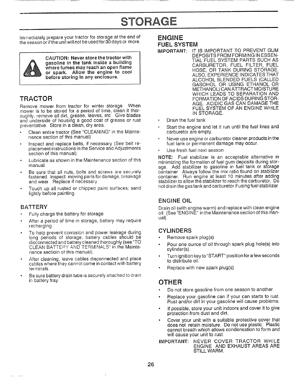 Tractor, Battery, Engine | Fuel system, Engine oil, Cylinders, Other, Storage | Craftsman 917.257360 User Manual | Page 26 / 52