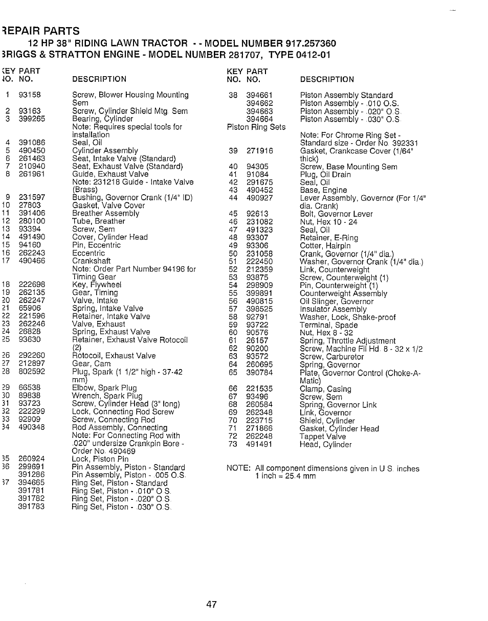 Repair parts | Craftsman 917.257360 User Manual | Page 47 / 52