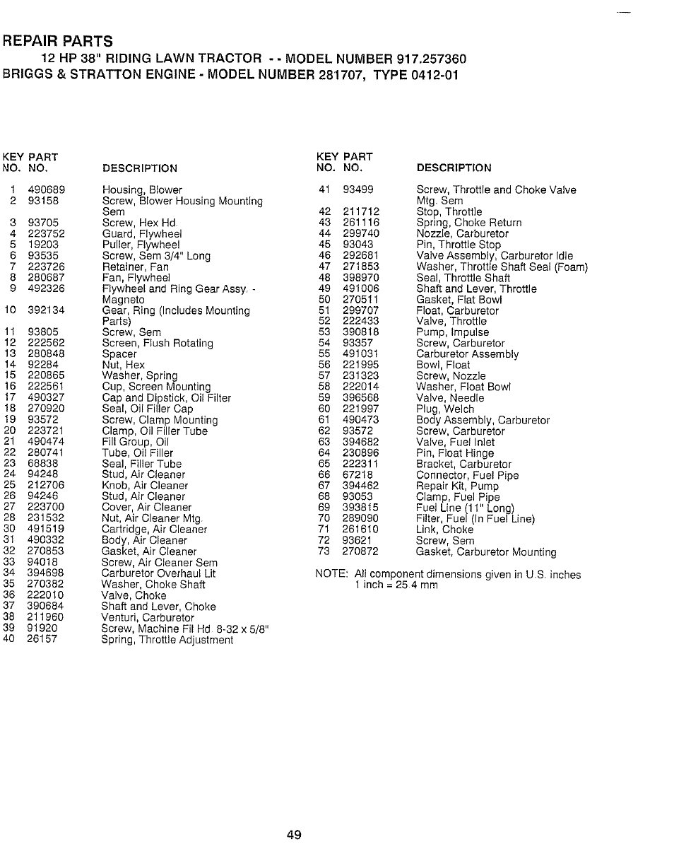 Repair parts | Craftsman 917.257360 User Manual | Page 49 / 52