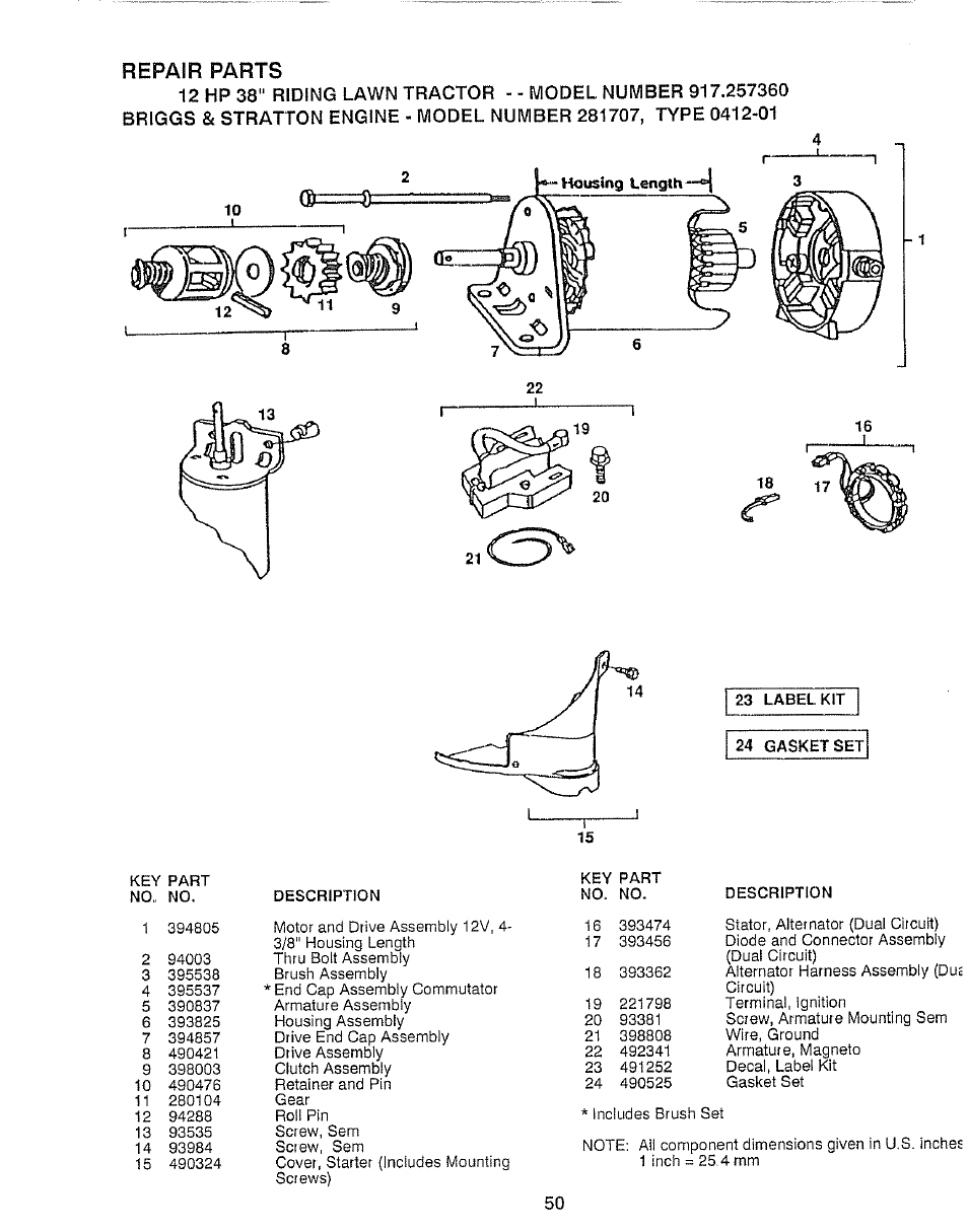 Repair parts, 23 label kit, 24 gasket set | Repair paris -50 | Craftsman 917.257360 User Manual | Page 50 / 52