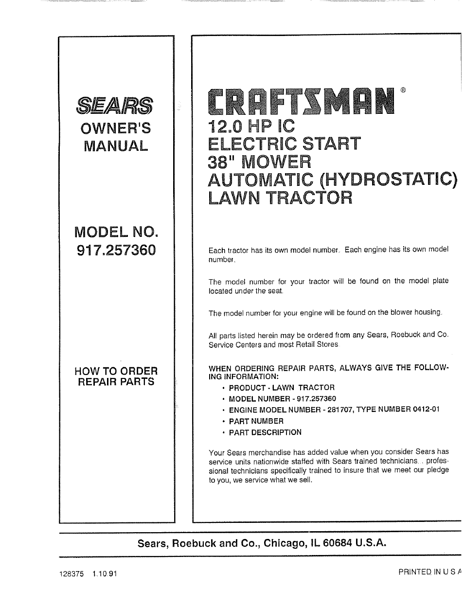 How to order repair parts, Product-lawn tractor, Engine model number - 281707, type number 0412-01 | Part number, Part description, Sears, roebuck and co., chicago, il 60684 u.s.a, 0 hp 1c, Owner's manual model no | Craftsman 917.257360 User Manual | Page 52 / 52