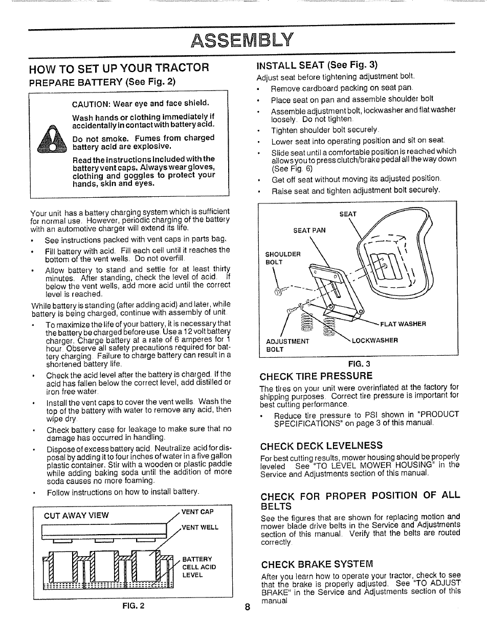 Assembly, How to set up your tractor, Prepare battery (see fig. 2) | Install seat (see fig. 3), Check tire pressure, Check deck levelness, Check for proper position of all belts, Check brake system, Assembly -9 | Craftsman 917.257360 User Manual | Page 8 / 52