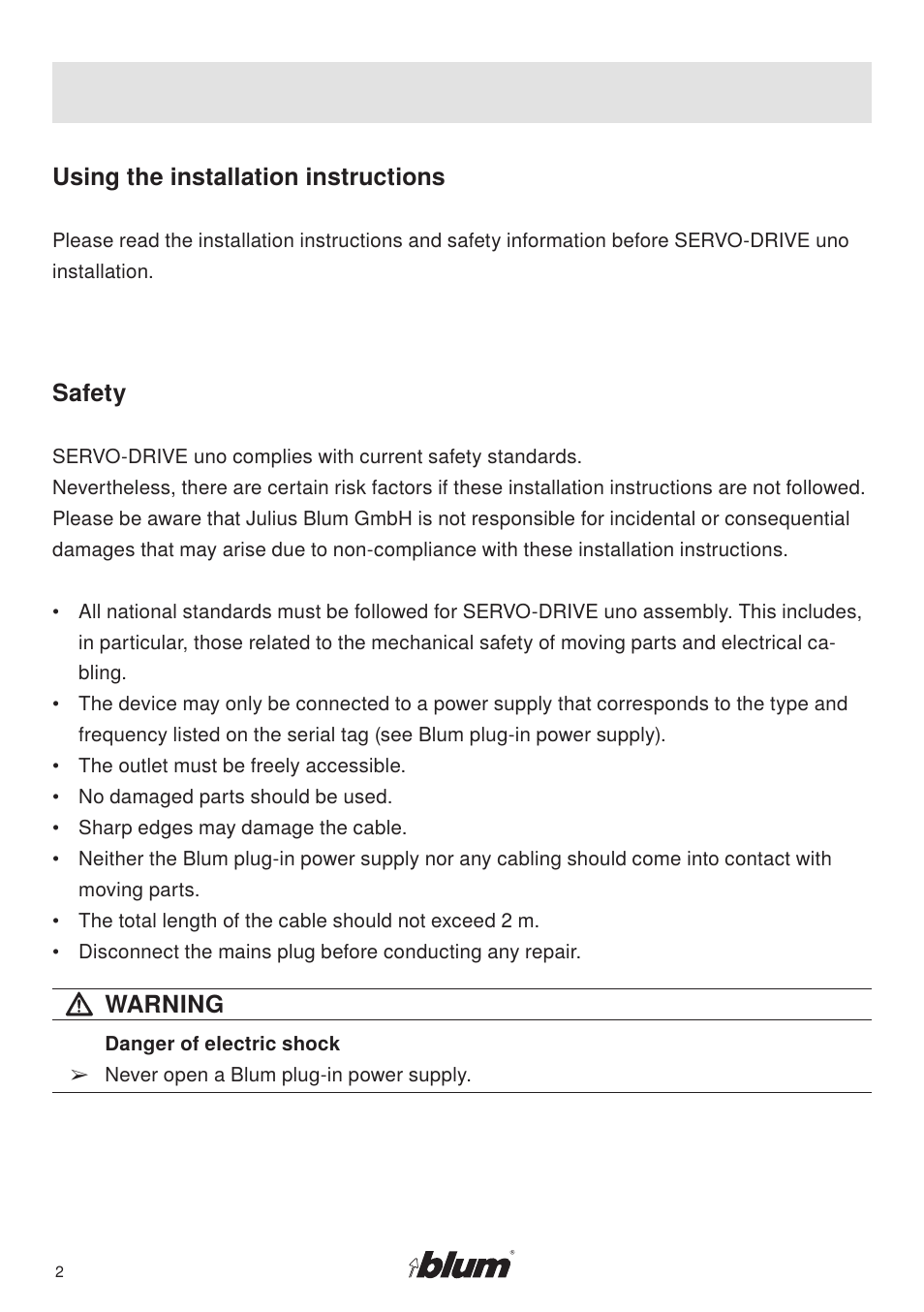 Using the installation instructions, Safety, Warning | Rev-A-Shelf SERVO-DRIVE uno User Manual | Page 2 / 16