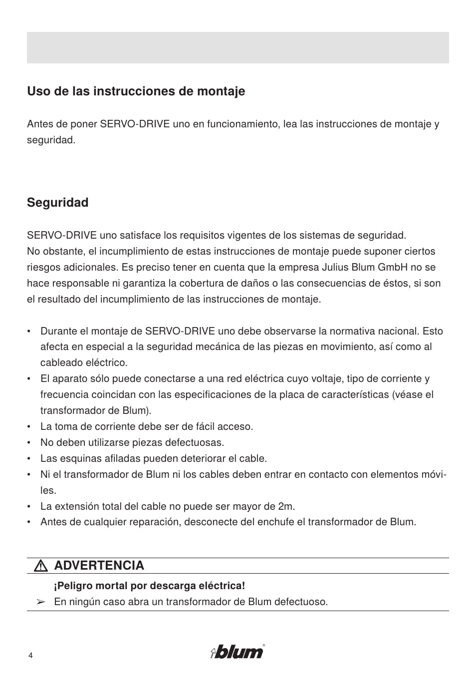 Uso de las instrucciones de montaje, Seguridad, Advertencia | Rev-A-Shelf SERVO-DRIVE uno User Manual | Page 4 / 16
