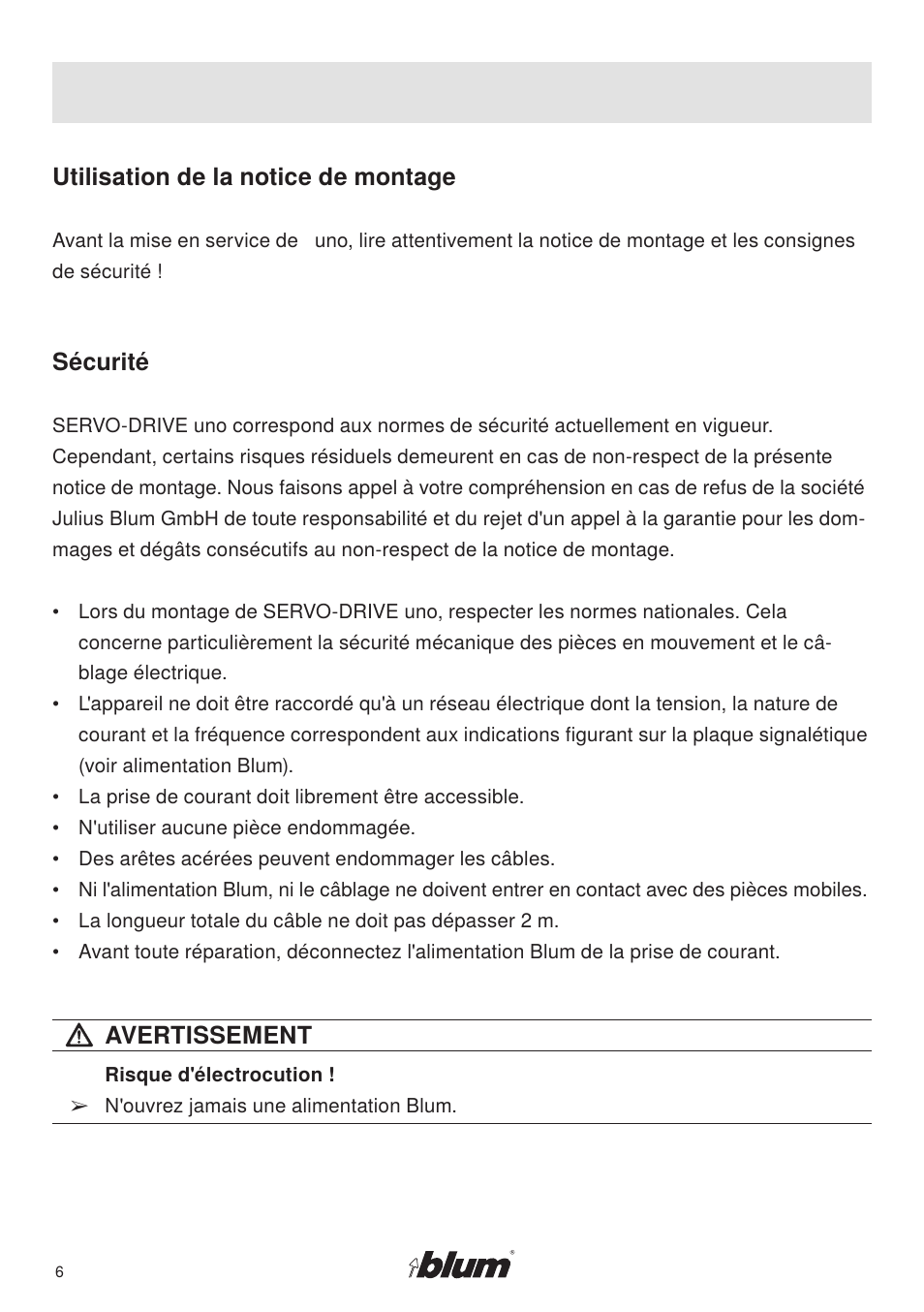 Utilisation de la notice de montage, Sécurité, Avertissement | Rev-A-Shelf SERVO-DRIVE uno User Manual | Page 6 / 16