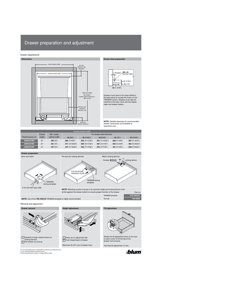 Drawer preparation and adjustment | Rev-A-Shelf TANDEM plus BLUMOTION User Manual | Page 2 / 2