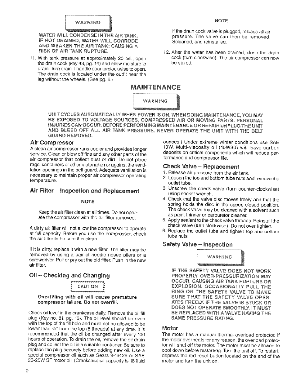 Maintenance, Air compressor, Air filter - inspection and replacement | Oil - checking and changing, Check valve - replacement, Safety valve - inspection, Motor, Valve | Craftsman 919.17673 User Manual | Page 10 / 18