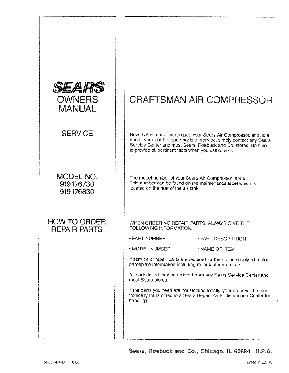 Sears, roebuck and co., chicago, il 60684 ü.s.a, Owners manual i craftsman air compressor, Service | Craftsman 919.17673 User Manual | Page 18 / 18