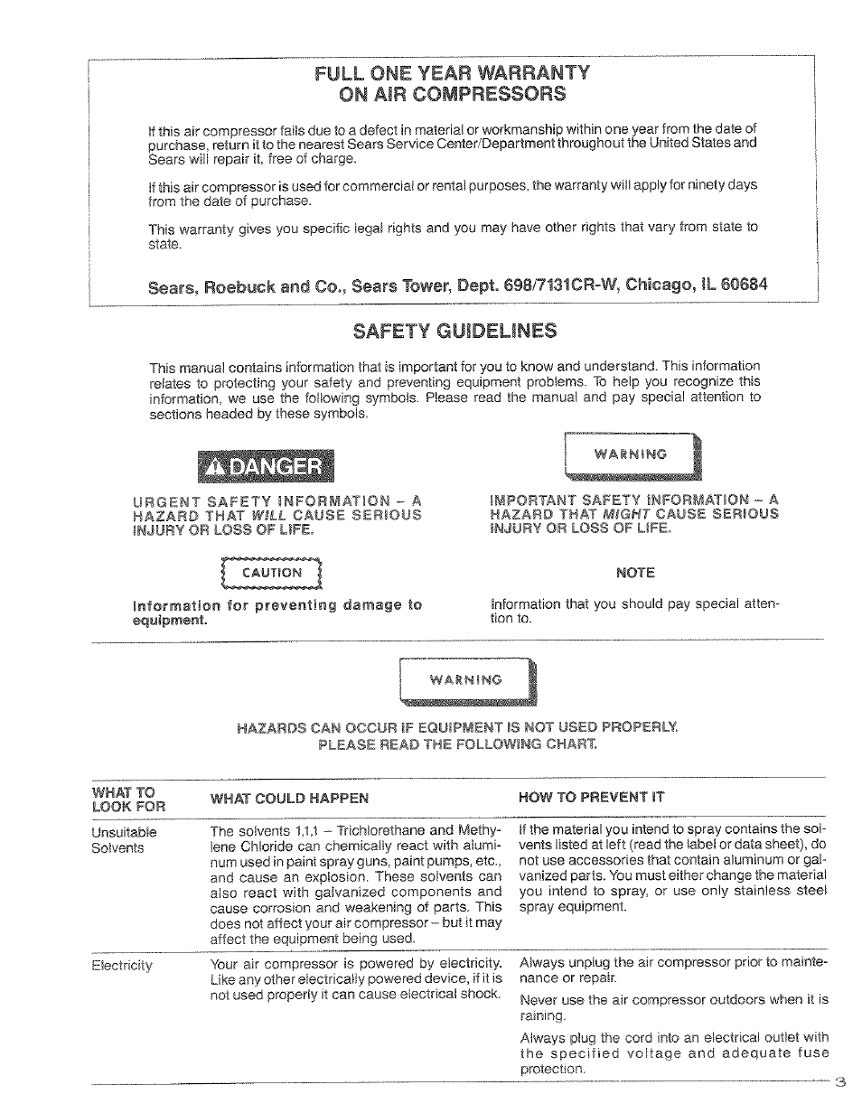 Anger, On air compressors, Full one year warranty | Safety guidelines | Craftsman 919.17673 User Manual | Page 3 / 18