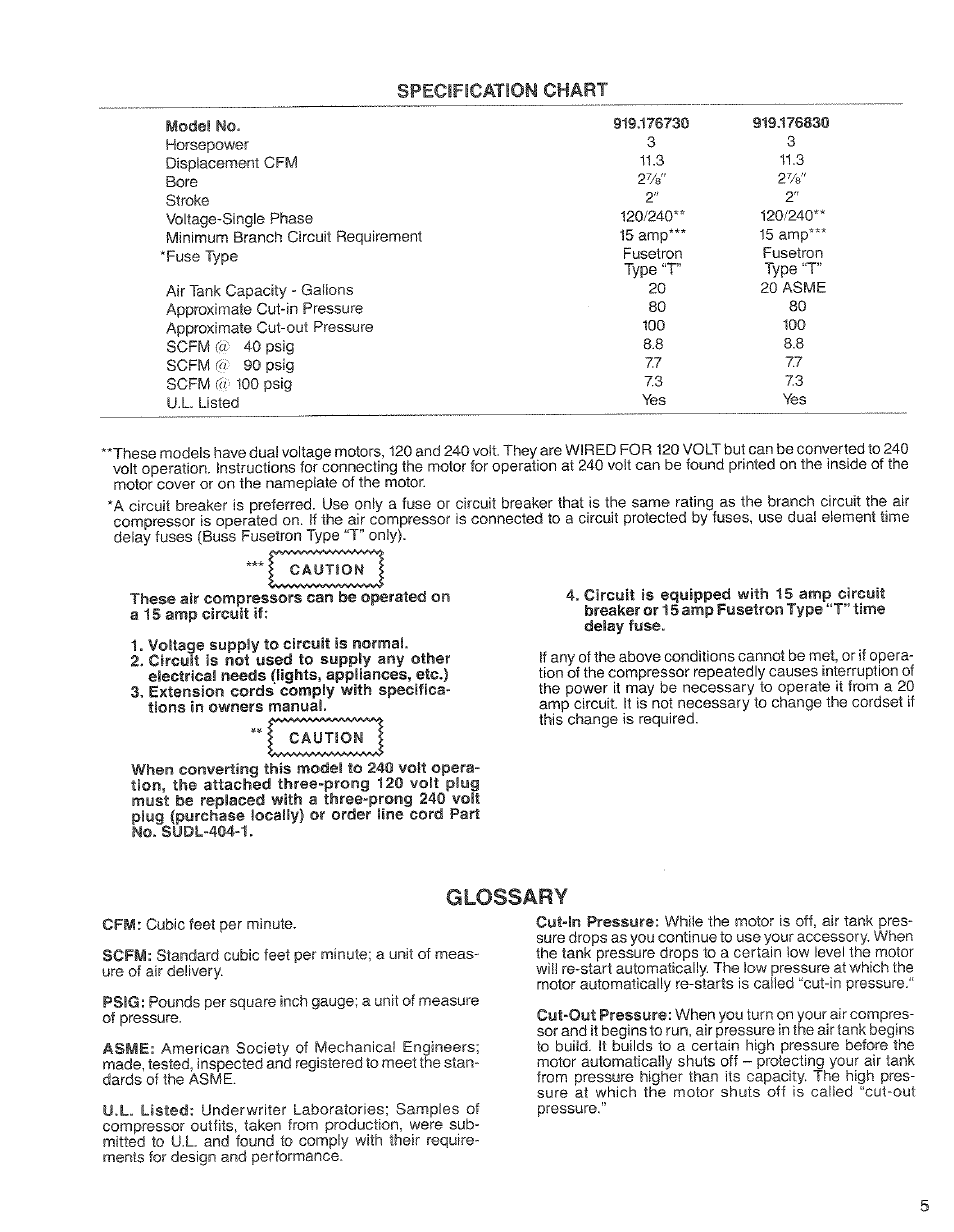 Specification chart, Glossary | Craftsman 919.17673 User Manual | Page 5 / 18