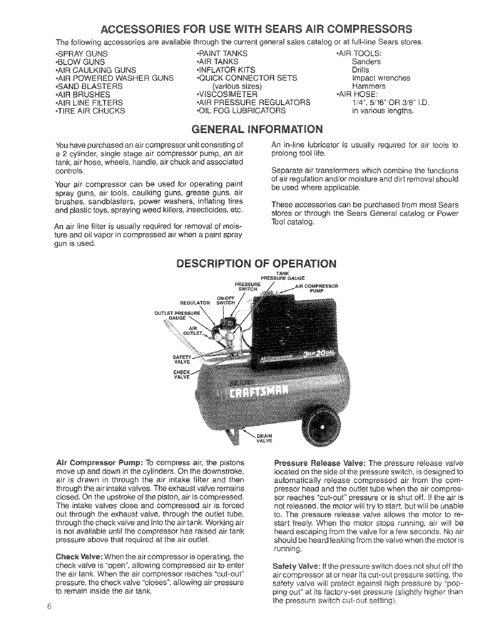 Accessories for use with sears air compressors, Description of operation, Accessories for use | Sears air compressors, General, Of operation, Information, Description, With | Craftsman 919.17673 User Manual | Page 6 / 18