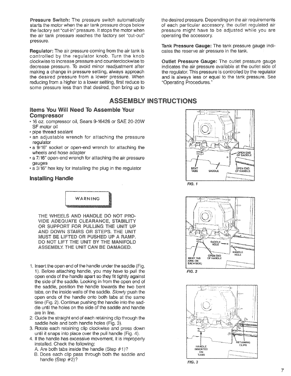 Assembly instructions, Items you will need to assemble your compressor, Installing handle | Craftsman 919.17673 User Manual | Page 7 / 18