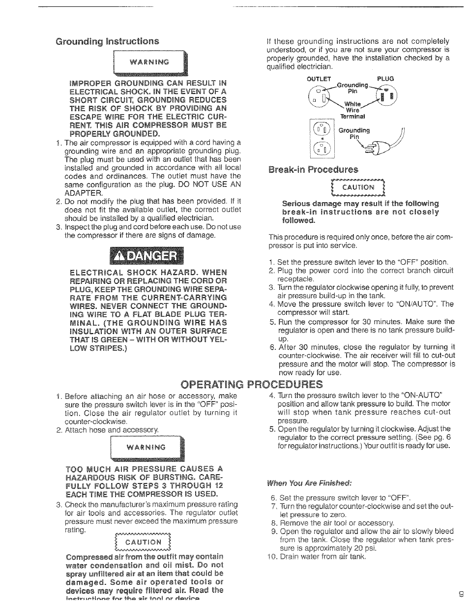 Grounding instructions, Adanger, Operating | Break-in procedures, Procedures | Craftsman 919.17673 User Manual | Page 9 / 18