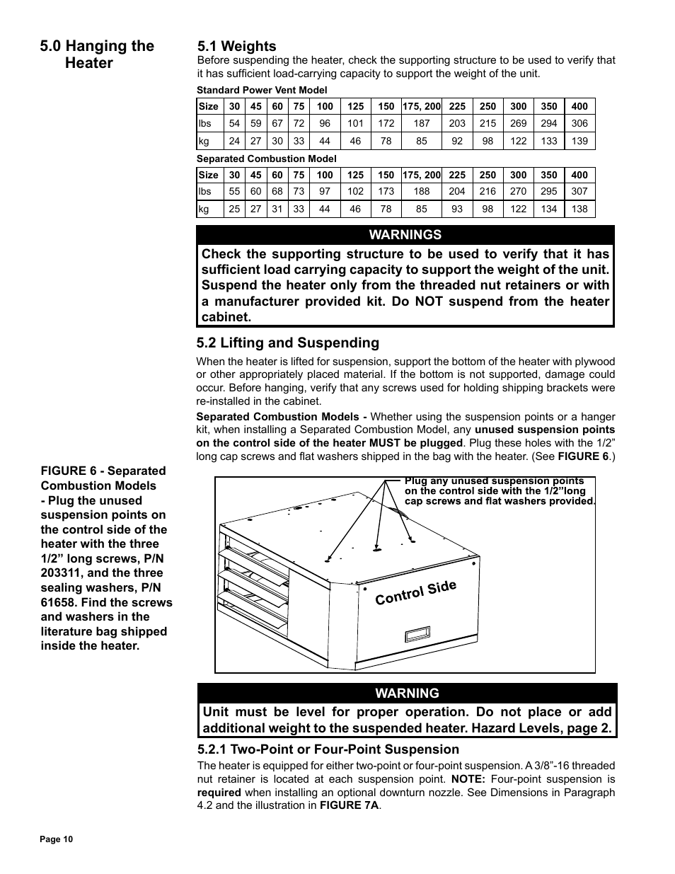 Hanging the heater -1, 1 weights, 2 lifting and suspending | 0 hanging the heater | Reznor UDAS Unit Installation Manual User Manual | Page 10 / 40