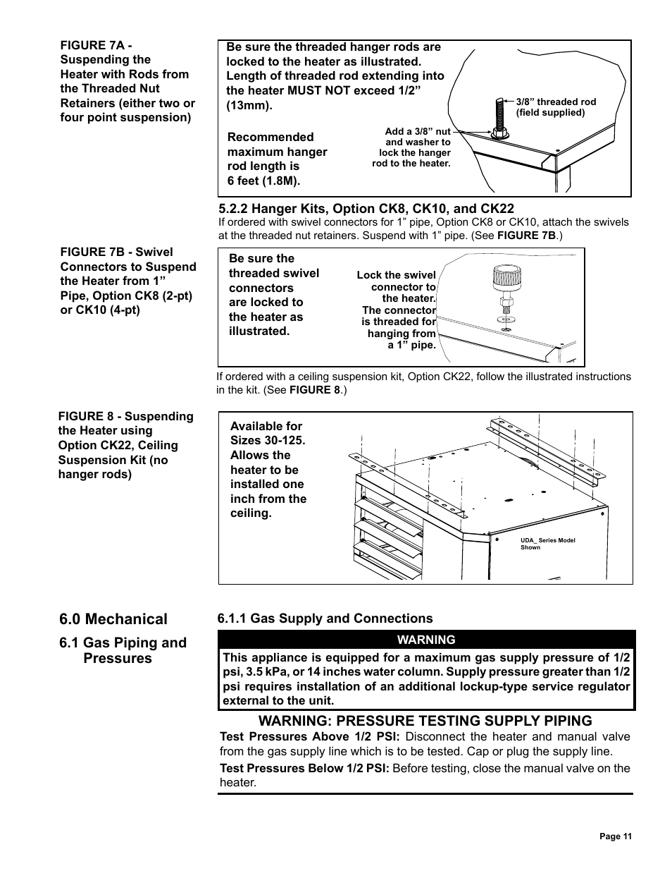 Mechanical -16, 1 gas piping and pressures, 0 mechanical | Warning: pressure testing supply piping | Reznor UDAS Unit Installation Manual User Manual | Page 11 / 40