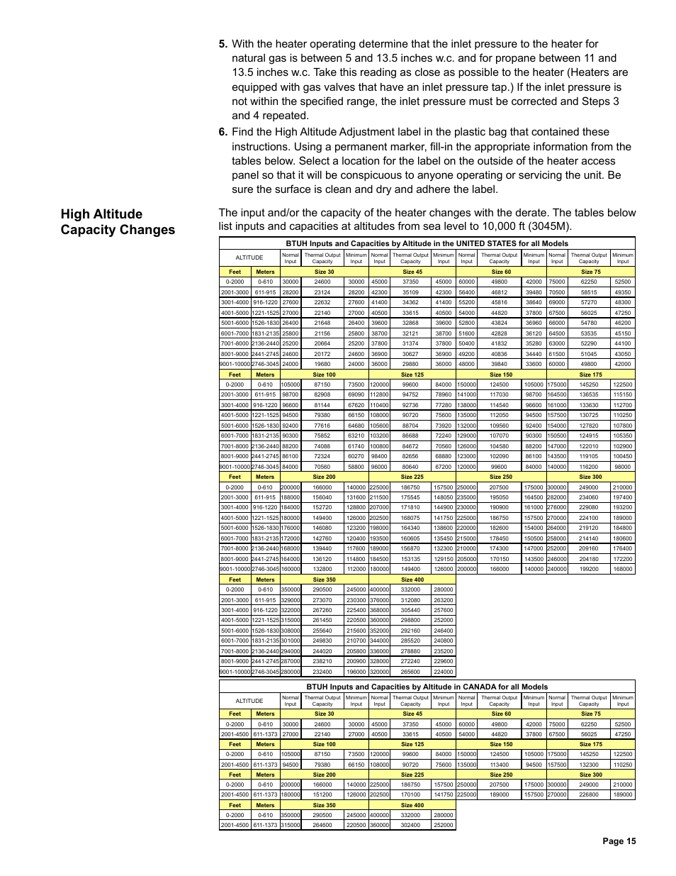 High altitude capacity changes, Page 15 | Reznor UDAS Unit Installation Manual User Manual | Page 15 / 40