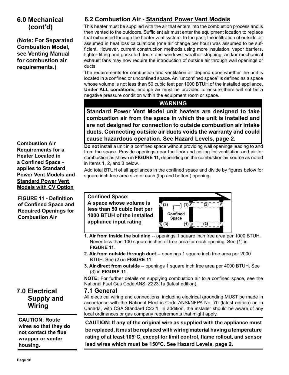 2 combustion air - standard power vent and, Standard power vent with cv option models 16, Electrical supply and wiring -22 | 1 general, 0 mechanical (cont’d), 0 electrical supply and wiring, 2 combustion air - standard power vent models | Reznor UDAS Unit Installation Manual User Manual | Page 16 / 40