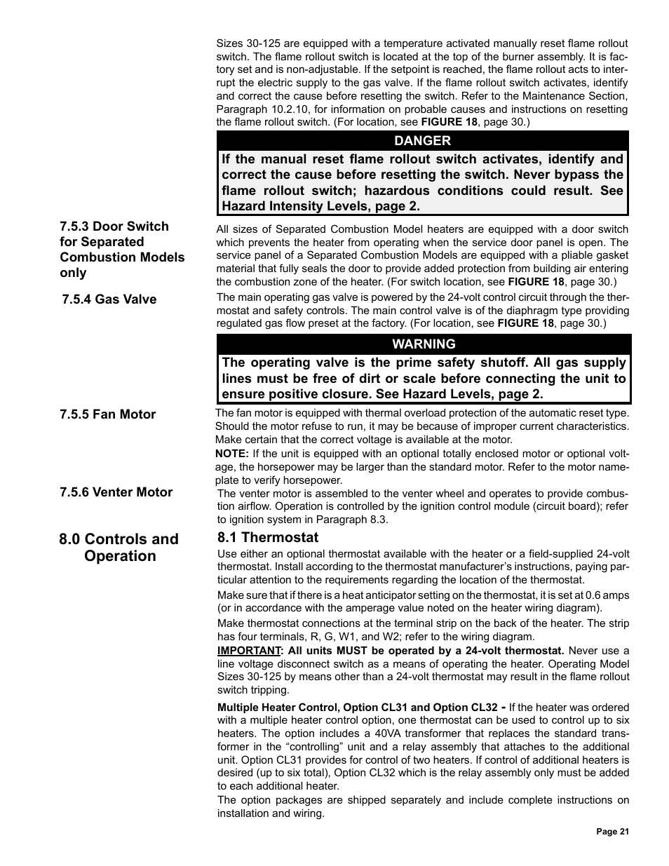 Controls and operation -26, 1 thermostat, 0 controls and operation | Reznor UDAS Unit Installation Manual User Manual | Page 21 / 40