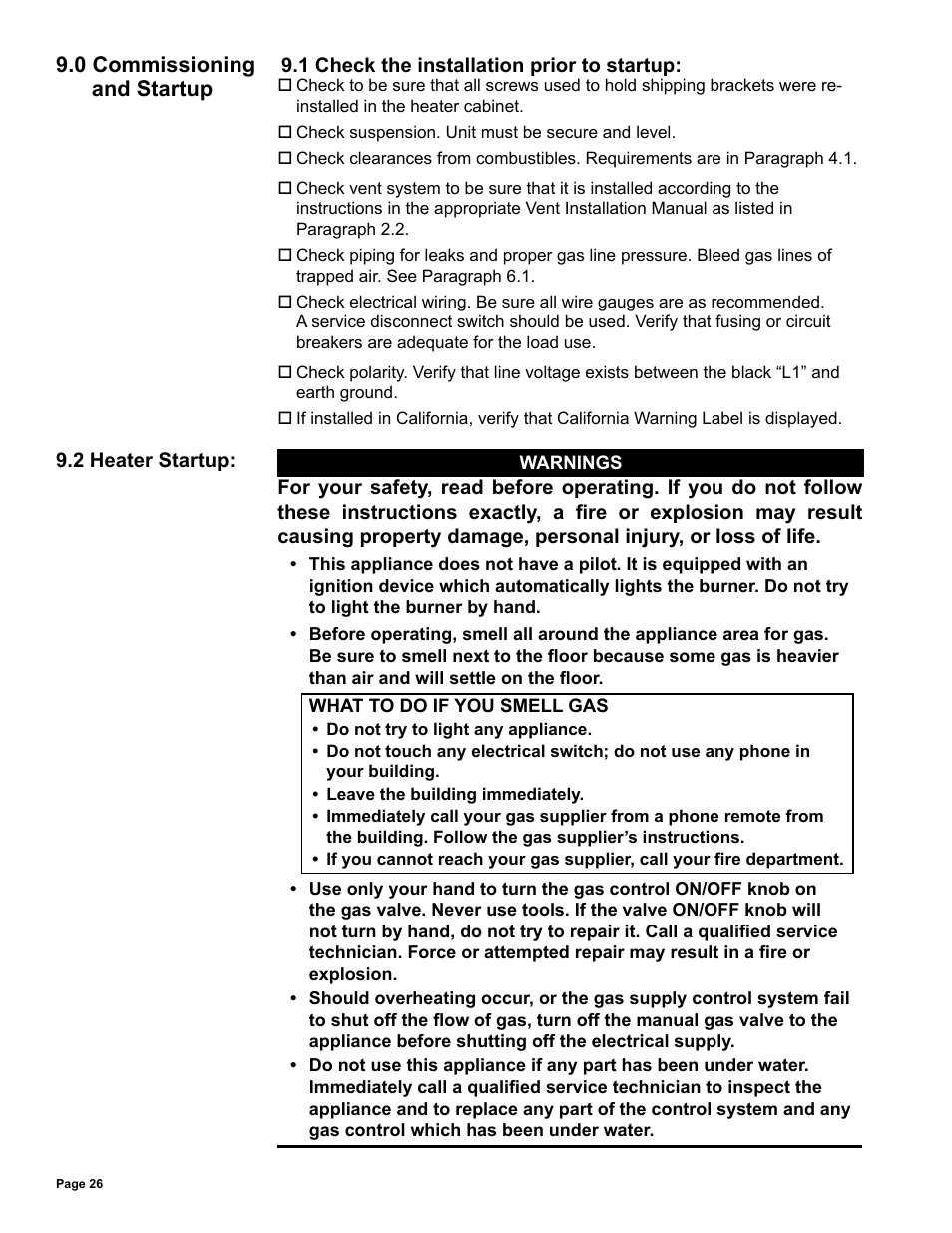 Commissioning and startup -28, 1 check the installation prior to startup, 2 heater startup | 0 commissioning and startup | Reznor UDAS Unit Installation Manual User Manual | Page 26 / 40