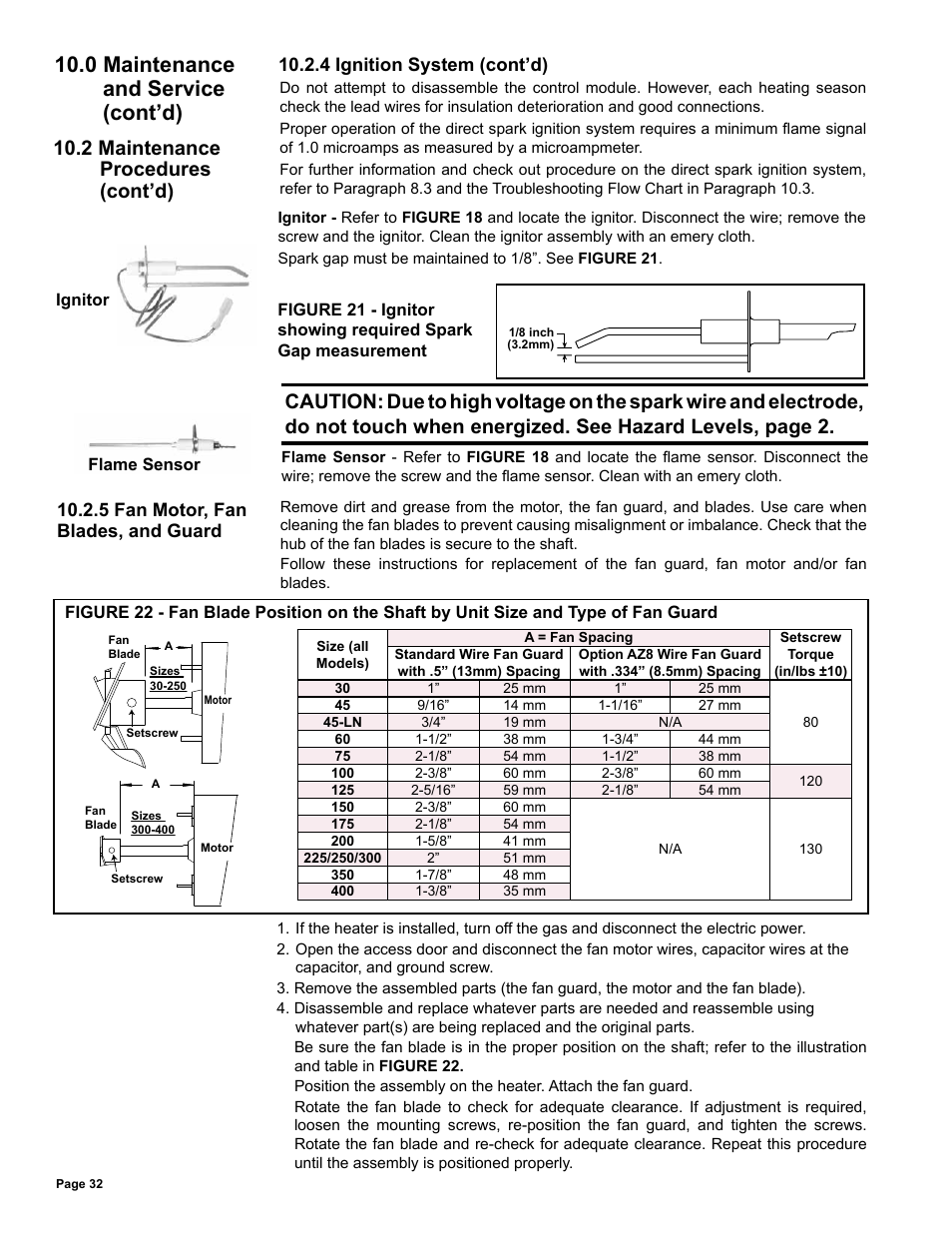 0 maintenance and service (cont’d), 2 maintenance procedures (cont’d), 5 fan motor, fan blades, and guard | 4 ignition system (cont’d) | Reznor UDAS Unit Installation Manual User Manual | Page 32 / 40